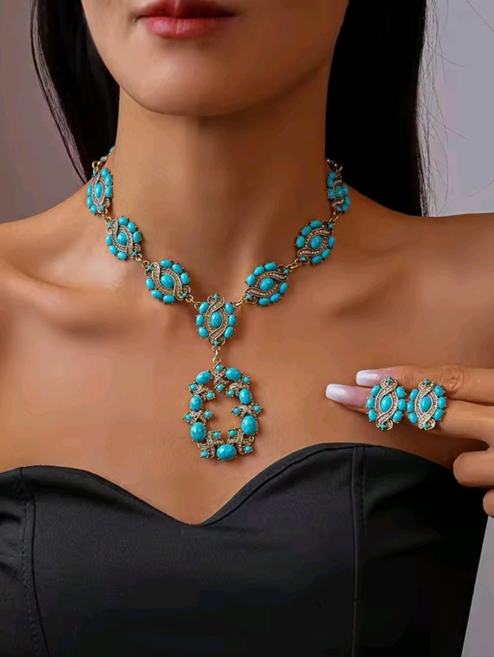 Turquoise Floral Statement Necklace and Ring Set - Women's Jewelry